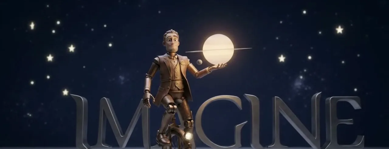 The Imagine Digital Studios mascot riding a unicycle beneath the stars